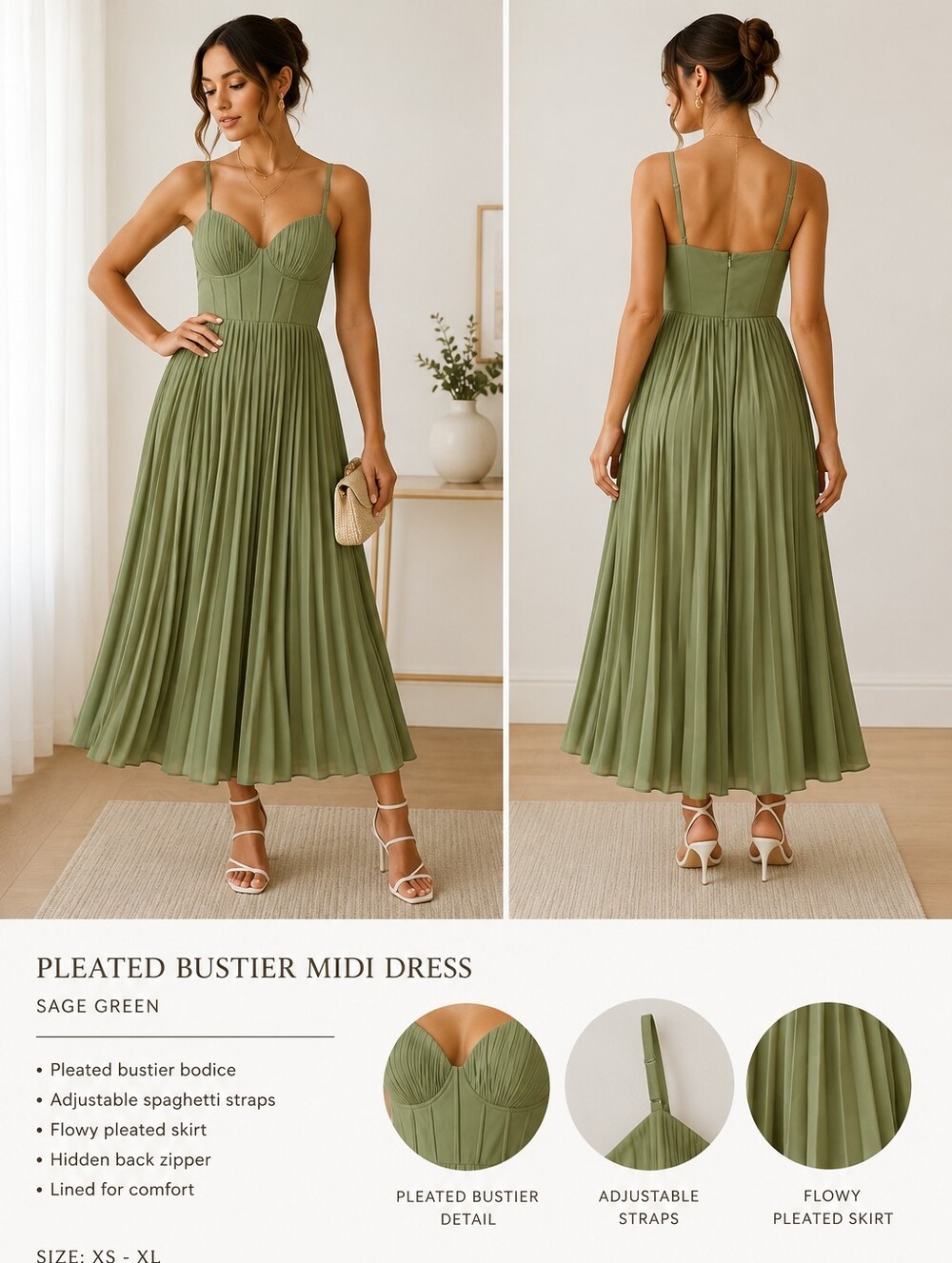 Pleated Bustier Midi Dress - Sage Green